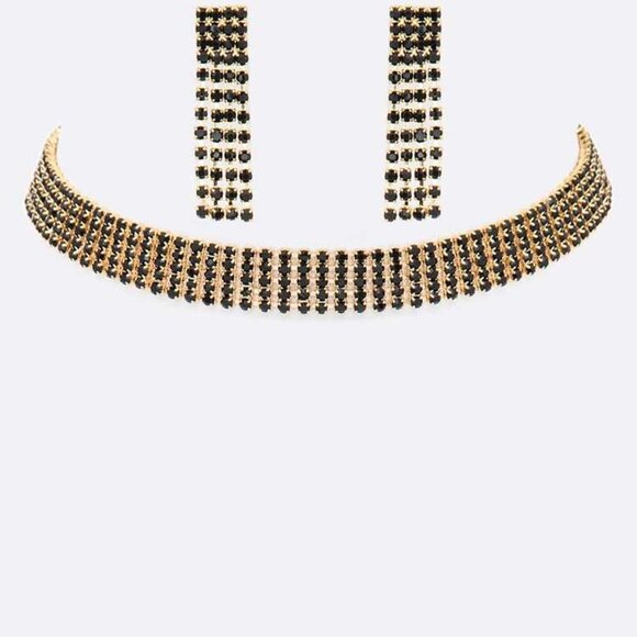 5 Row Color Crystal Rhinestone Choker Set - Black - Picture 1 of 2